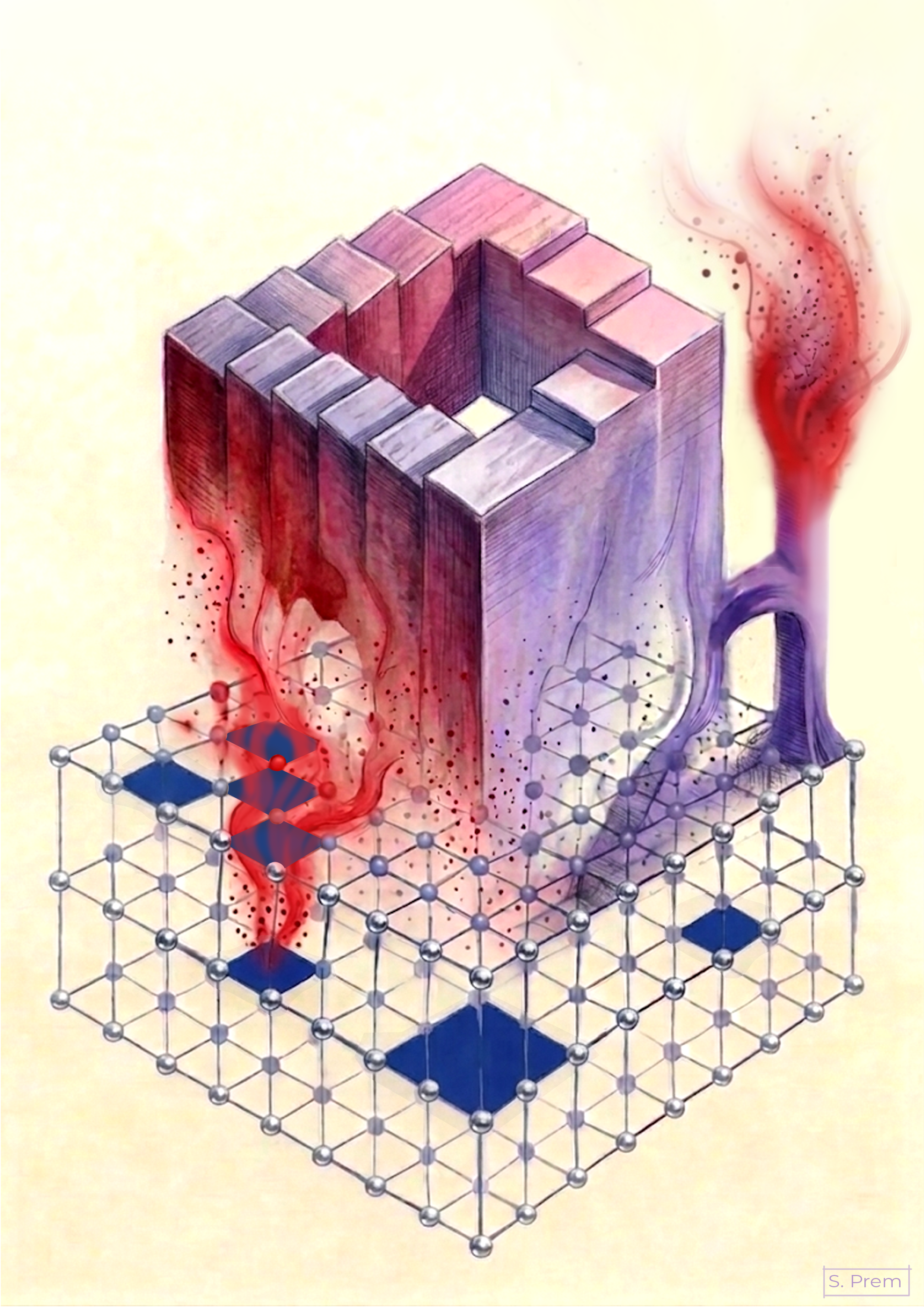 Lattice with topological structure and rising decoherence; artwork by A. Prem